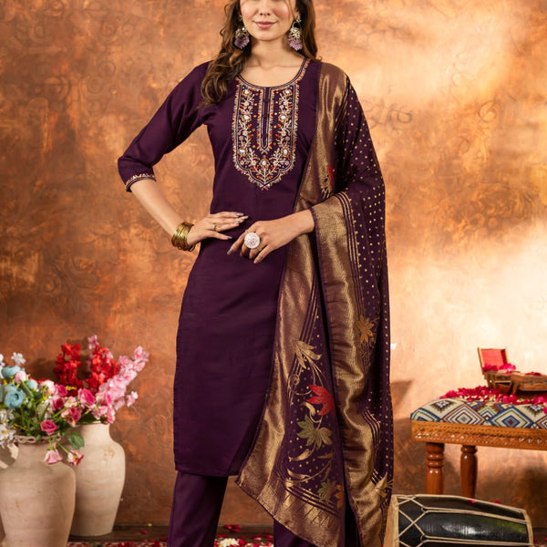 Pramukh Fab Plum Color Marina Silk Kurta Set - Distacart