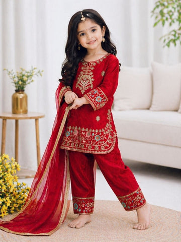 Evanik Red Embroidered Fendy Silk Kurta With Pant & Dupatta Set for Kids - Dista