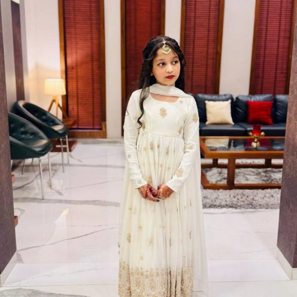 Evanik White Designer Pure Vichitra Embroidered Work Wedding Wear Kids Gown - Distacart