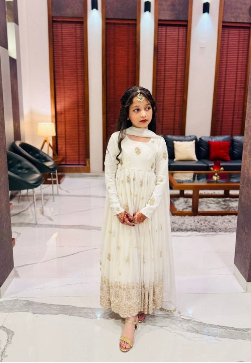 Evanik White Designer Pure Vichitra Embroidered Work Wedding Wear Kids Gown - Distacart