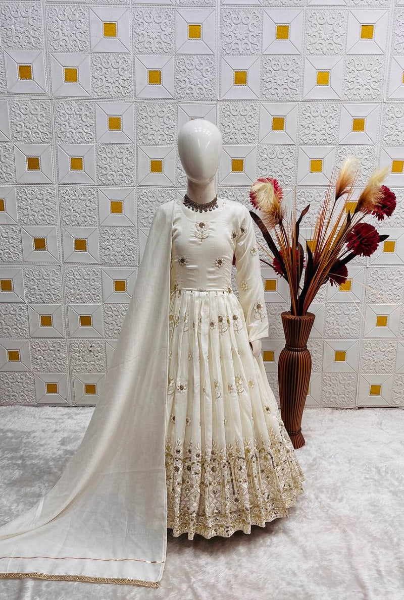 Evanik White Designer Pure Vichitra Embroidered Work Wedding Wear Kids Gown - Distacart