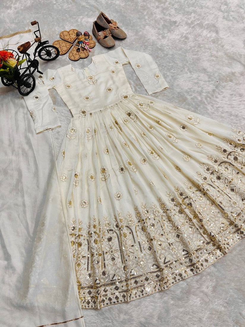 Evanik White Designer Pure Vichitra Embroidered Work Wedding Wear Kids Gown - Distacart