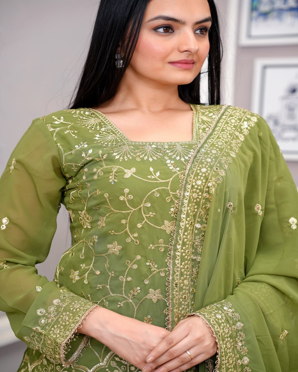 Yash Enterprise Light Green Georgette Embroidery Suit Set - Distacart