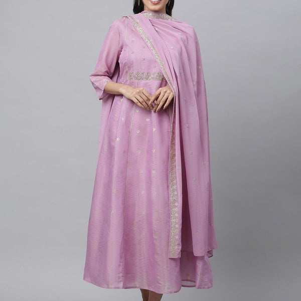AURELIA Purple Ethnic motifs Self Design Embroidered Fit & Flare Ethnic Dress With Dupatta - Distacart