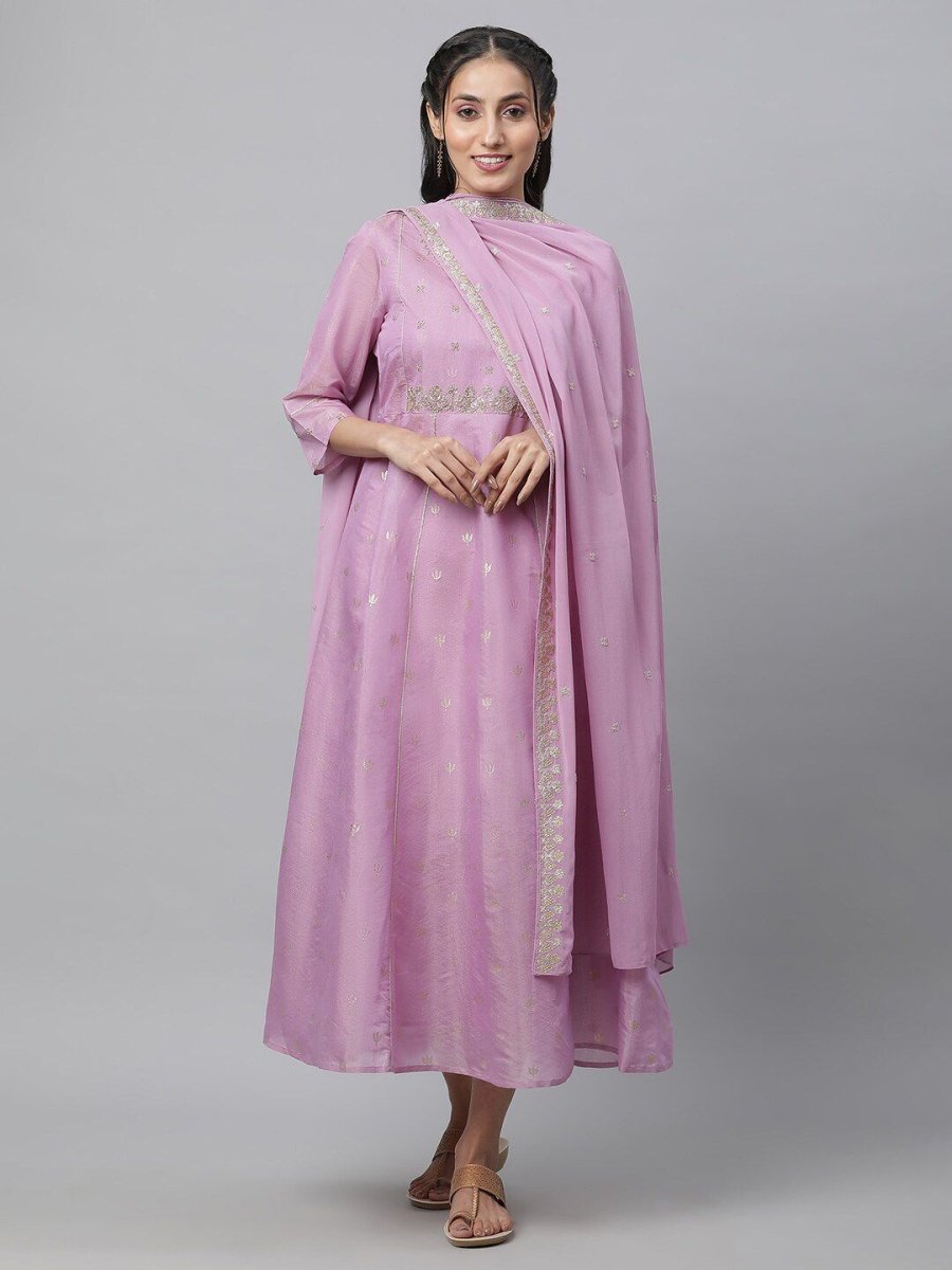 AURELIA Purple Ethnic motifs Self Design Embroidered Fit & Flare Ethnic Dress With Dupatta - Distacart