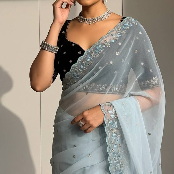 Evanik Skyblue Faux Georgette With Beads & Thread Work Saree With Unstitched Blouse - Distacart
