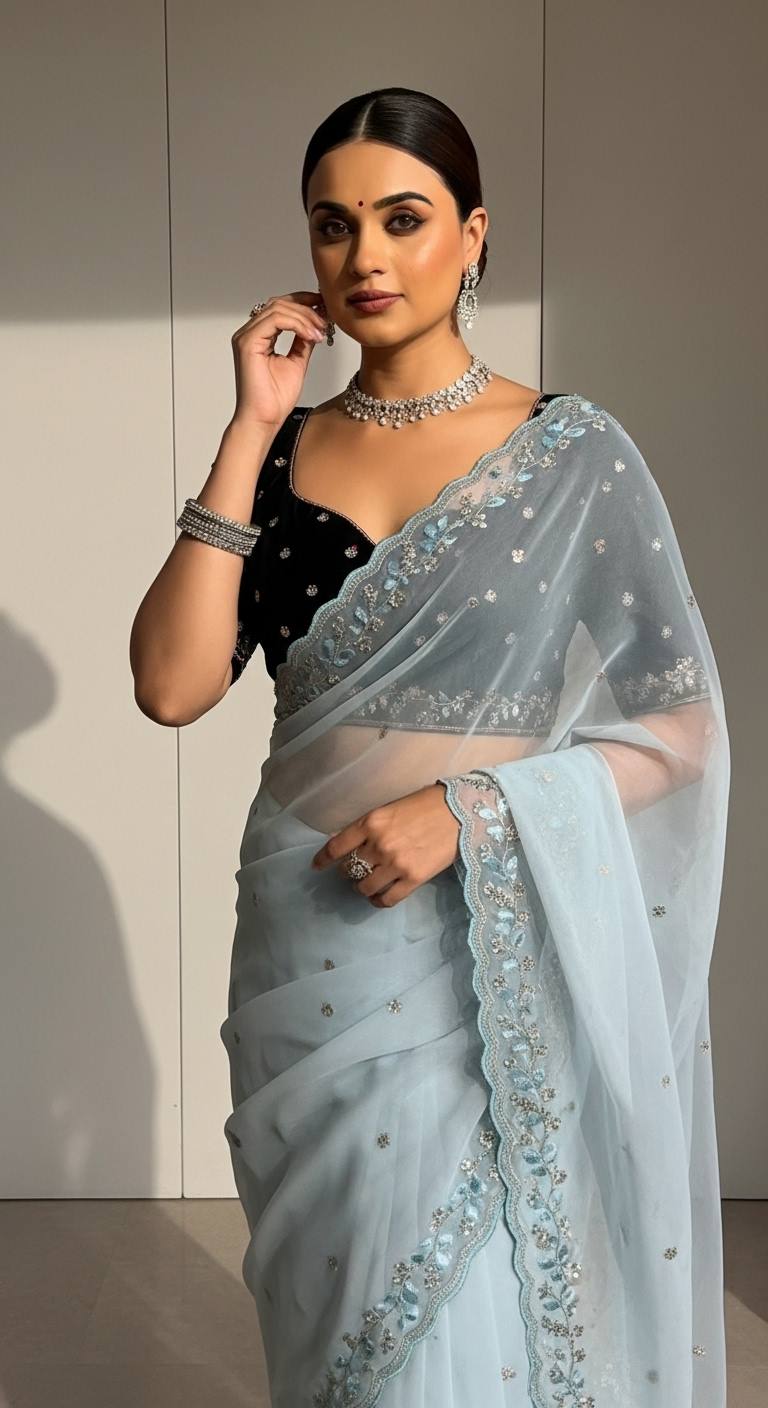 Evanik Skyblue Faux Georgette With Beads & Thread Work Saree With Unstitched Blouse - Distacart