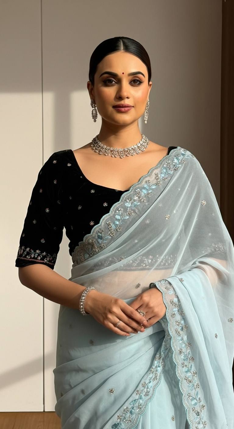 Evanik Skyblue Faux Georgette With Beads & Thread Work Saree With Unstitched Blouse - Distacart