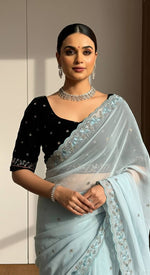Thumbnail for Evanik Skyblue Faux Georgette With Beads & Thread Work Saree With Unstitched Blouse - Distacart