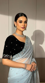 Thumbnail for Evanik Skyblue Faux Georgette With Beads & Thread Work Saree With Unstitched Blouse - Distacart