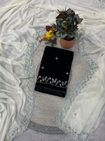 Thumbnail for Evanik White Faux Georgette With Beads & Thread Work Saree With Unstitched Blouse - Distacart