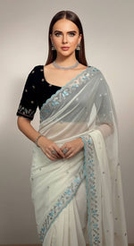 Thumbnail for Evanik White Faux Georgette With Beads & Thread Work Saree With Unstitched Blouse - Distacart