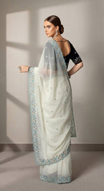 Thumbnail for Evanik White Faux Georgette With Beads & Thread Work Saree With Unstitched Blouse - Distacart