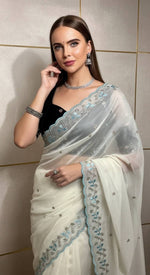 Thumbnail for Evanik White Faux Georgette With Beads & Thread Work Saree With Unstitched Blouse - Distacart
