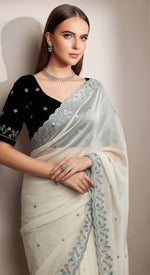 Thumbnail for Evanik White Faux Georgette With Beads & Thread Work Saree With Unstitched Blouse - Distacart