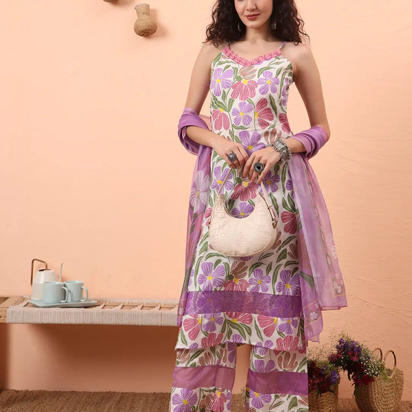 Yufta White And Purple Floral Print Lace Work Straight Kurta Trouser Dupatta Set - Distacart