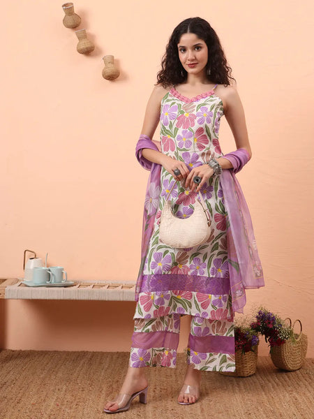 Yufta White And Purple Floral Print Lace Work Straight Kurta Trouser Dupatta Set