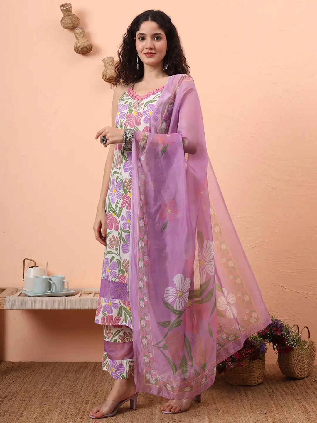 Yufta White And Purple Floral Print Lace Work Straight Kurta Trouser Dupatta Set - Distacart