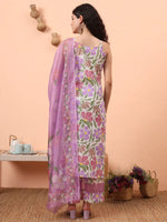 Thumbnail for Yufta White And Purple Floral Print Lace Work Straight Kurta Trouser Dupatta Set