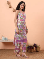 Thumbnail for Yufta White And Purple Floral Print Lace Work Straight Kurta Trouser Dupatta Set