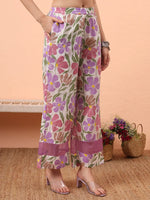 Thumbnail for Yufta White And Purple Floral Print Lace Work Straight Kurta Trouser Dupatta Set