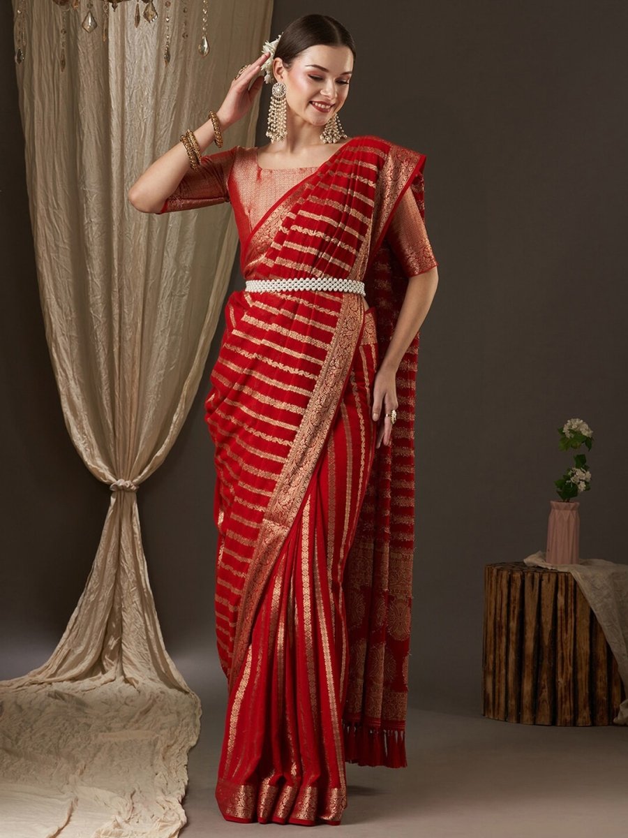 Anouk Red & Gold-Toned Woven Design Zari Pure Georgette Kanjeevaram Saree - Distacart
