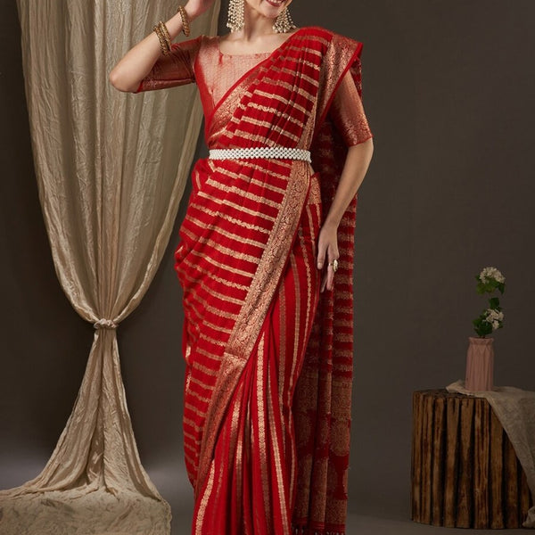 Anouk Red & Gold-Toned Woven Design Zari Pure Georgette Kanjeevaram Saree - Distacart