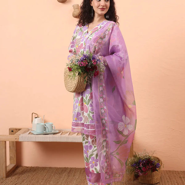 Yufta White And Purple Floral Print Lace Work A-Line Kurta Trouser Dupatta Set - Distacart