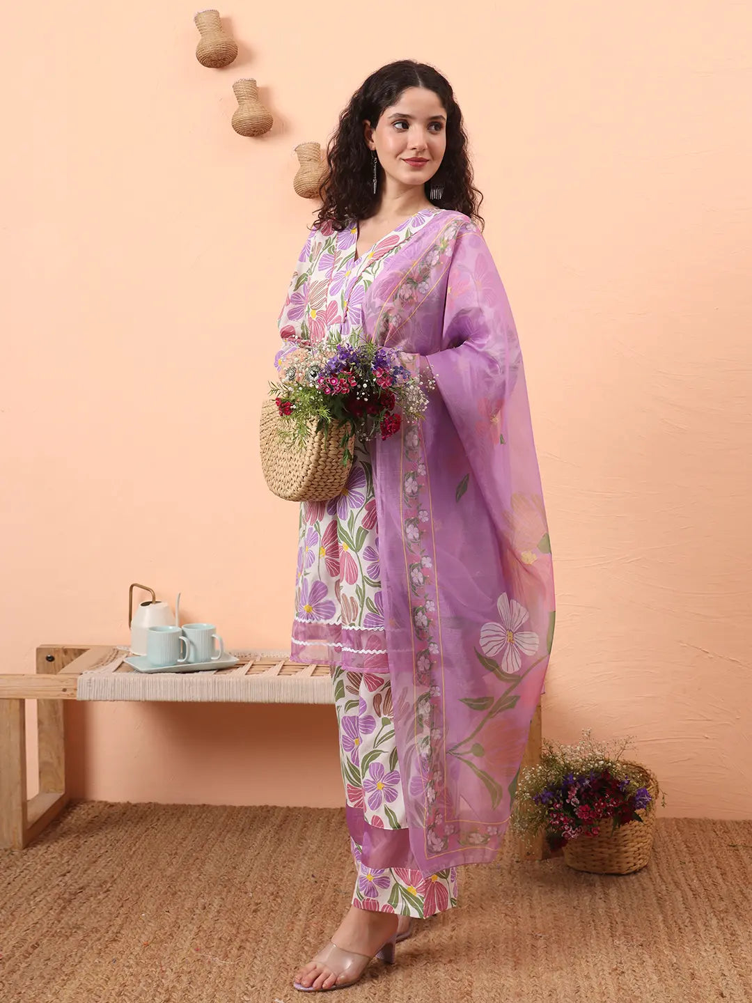 Yufta White And Purple Floral Print Lace Work A-Line Kurta Trouser Dupatta Set - Distacart