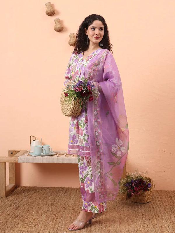 Yufta White And Purple Floral Print Lace Work A-Line Kurta Trouser Dupatta Set