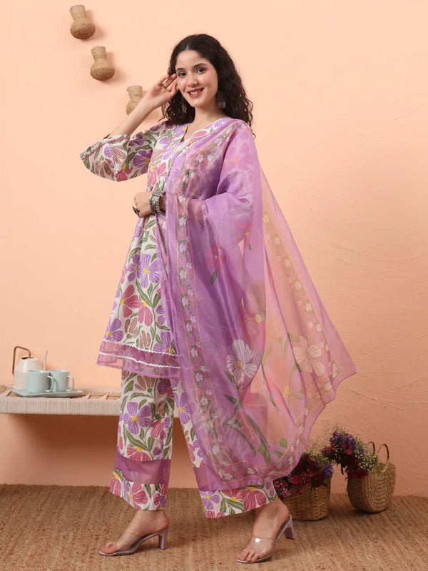 Yufta White And Purple Floral Print Lace Work A-Line Kurta Trouser Dupatta Set