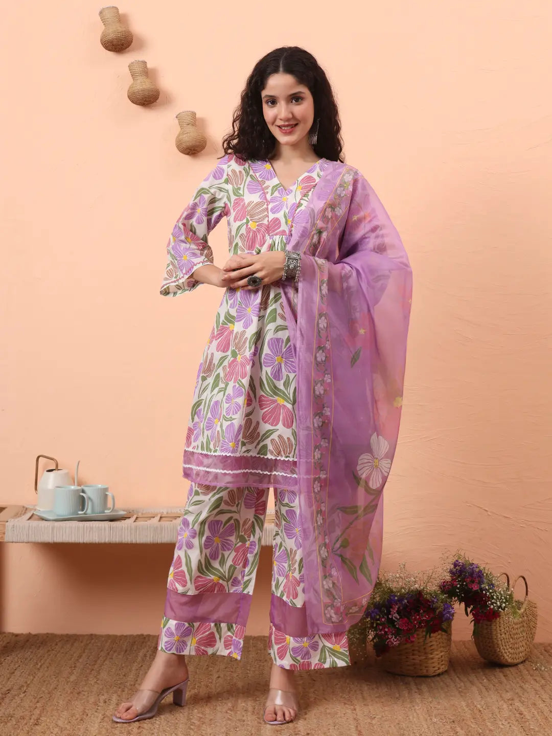 Yufta White And Purple Floral Print Lace Work A-Line Kurta Trouser Dupatta Set