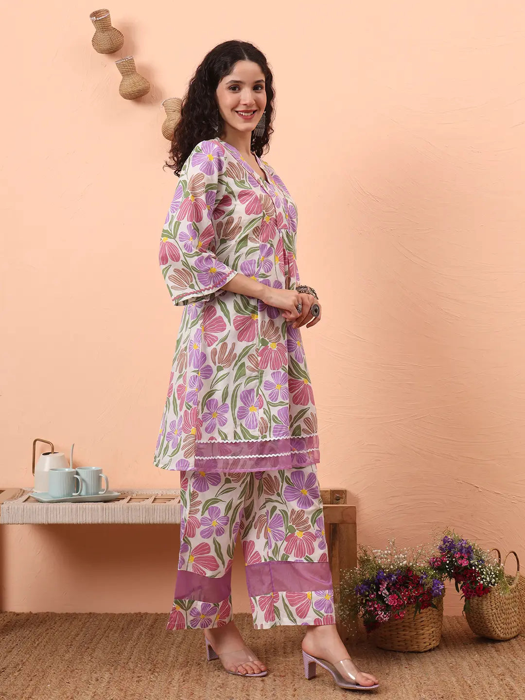 Yufta White And Purple Floral Print Lace Work A-Line Kurta Trouser Dupatta Set