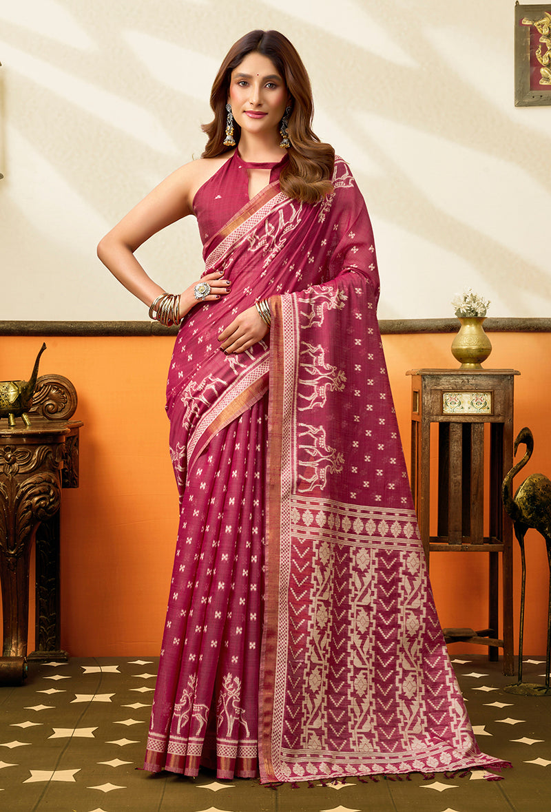 Monjolika Fashion Rani Pink Printed Cotton Blend Saree With Ethnic Border & Pallu