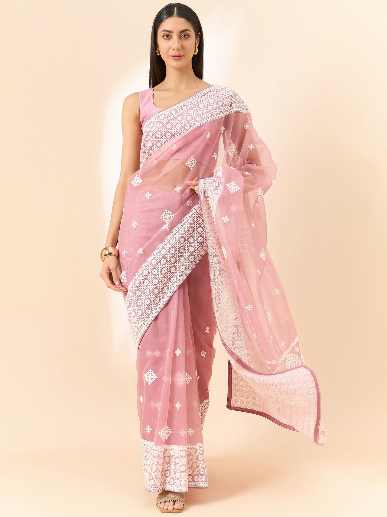 Pink Organza Geometric Embroidered Saree with Unstitched Blouse Piece - Roozal - Distacart