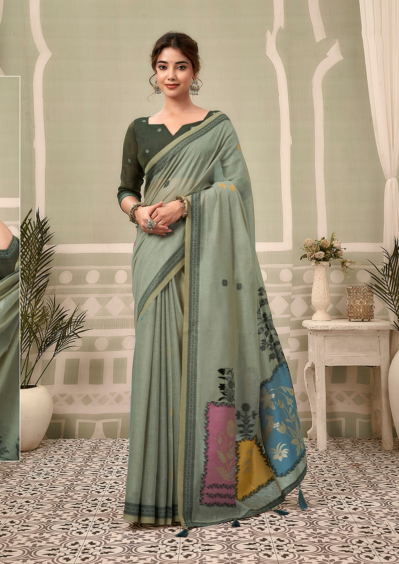 Monjolika Fashion Sage Green Cotton Blend Floral Printed Saree