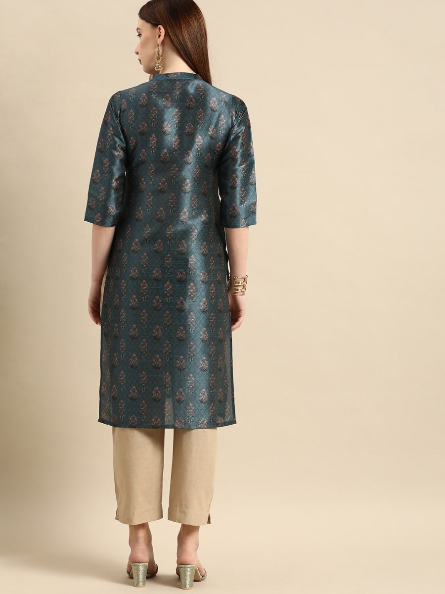All About You Women Teal Blue Floral Block Print Mandarin Collar Chanderi Silk Blend Kurta - Distacart