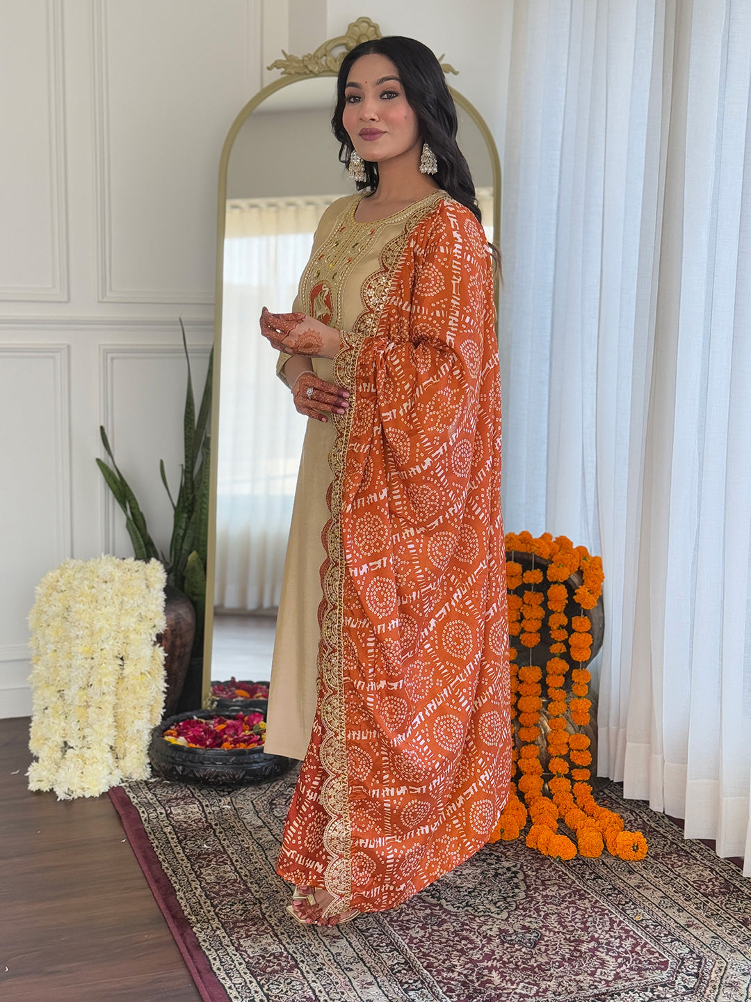 The52 Women's Chiku Embroidered Viscose Fabric Straight Kurta, Pant and Dupatta Set