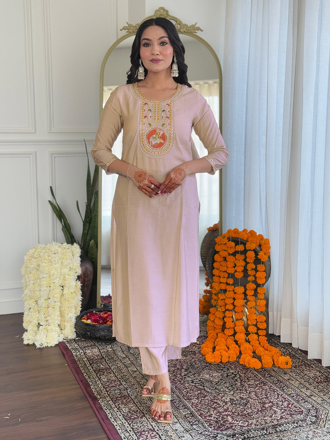 The52 Women's Chiku Embroidered Viscose Fabric Straight Kurta, Pant and Dupatta Set