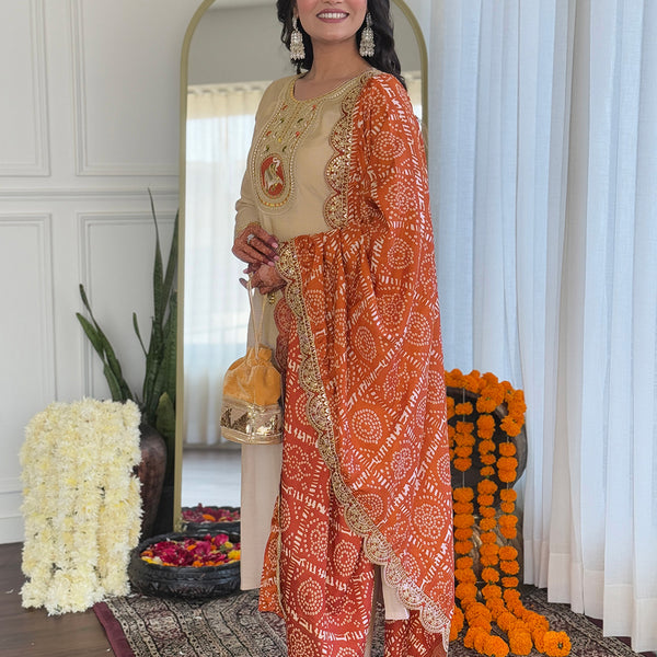 The52 Women's Chiku Embroidered Viscose Fabric Straight Kurta, Pant and Dupatta Set