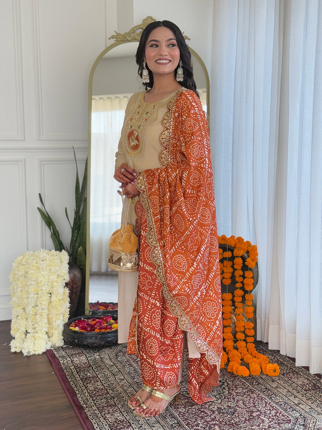 The52 Women's Chiku Embroidered Viscose Fabric Straight Kurta, Pant and Dupatta Set