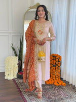 Thumbnail for The52 Women's Chiku Embroidered Viscose Fabric Straight Kurta, Pant and Dupatta Set