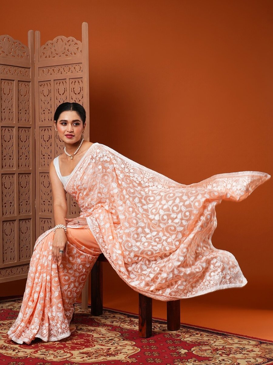 Anouk Peach Floral Embroidered Organza Saree - Distacart