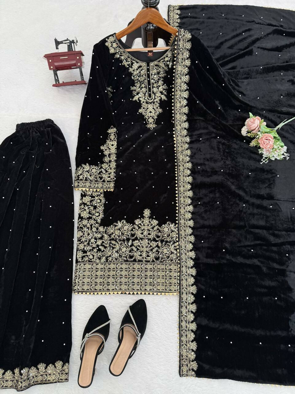 Vastranavya Black Viscose Velvet Cording Sequence With Moti Work Top-Bottom With Dupatta