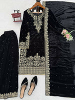 Thumbnail for Vastranavya Black Viscose Velvet Cording Sequence With Moti Work Top-Bottom With Dupatta