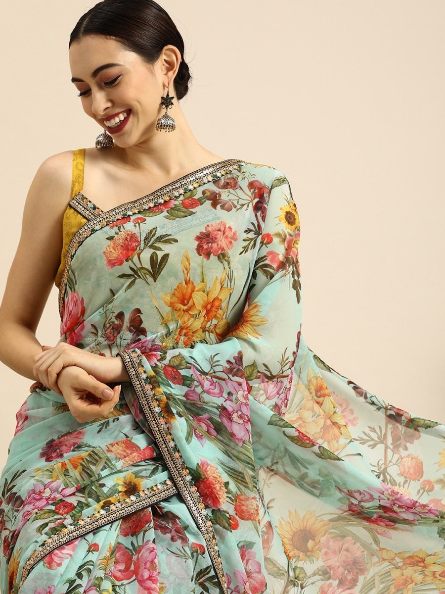 Anouk Sea Green & Yellow Pure Georgette Floral Printed Saree - Distacart