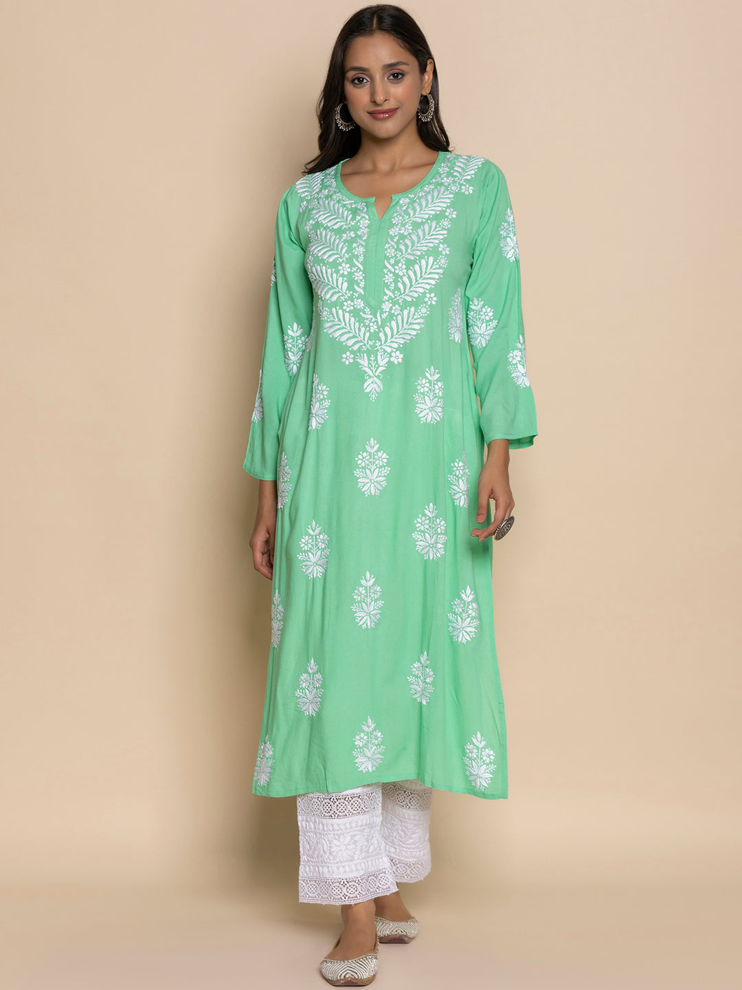 HOUSE OF KARI Floral Embroidered Chikankari A-Line Kurta - Distacart