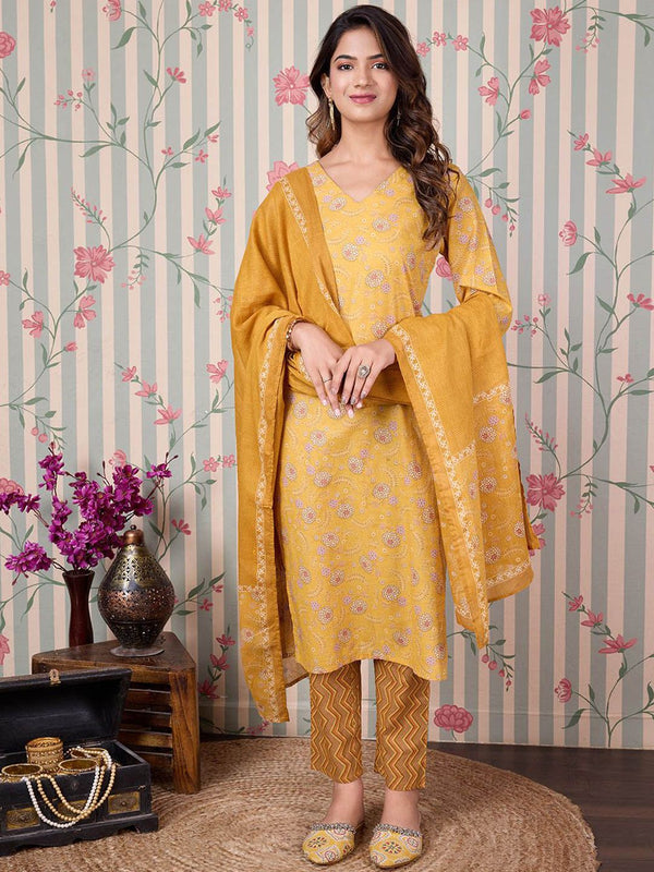 Ode by House of Pataudi Floral Printed Regular Pure Cotton Kurta with Trousers & Dupatta - Distacart