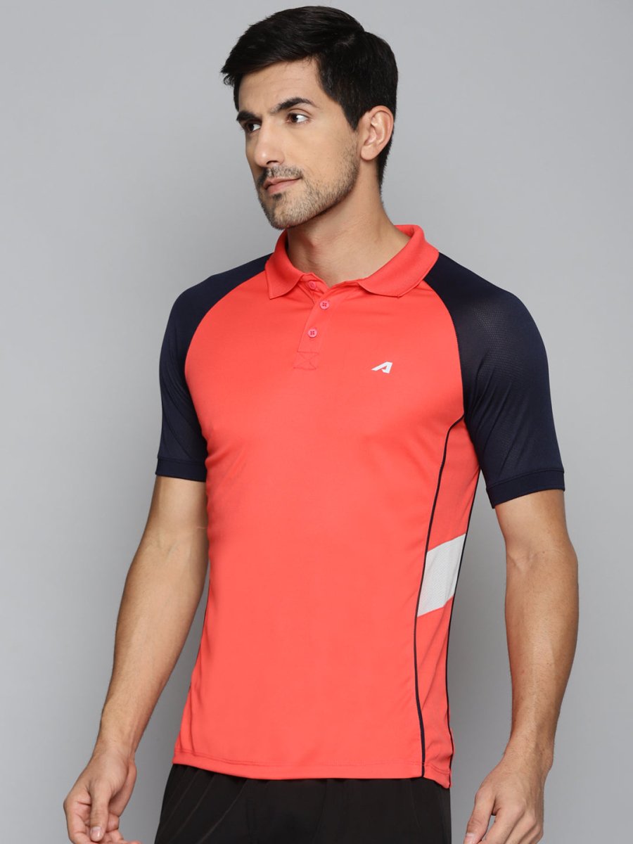 Alcis Men Red & Navy Blue Colourblocked Polo Collar Slim Fit Running T-shirt - Distacart