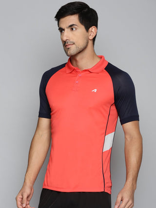 Alcis Men Red & Navy Blue Colourblocked Polo Collar Slim Fit Running T-shirt - Distacart